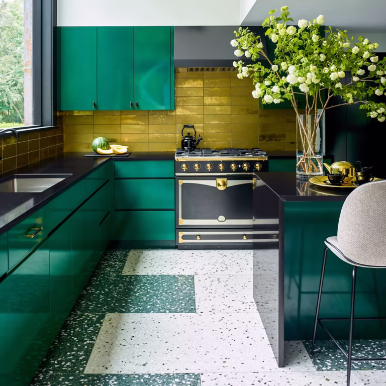 Green Kitchen Cabinets with Black Countertops