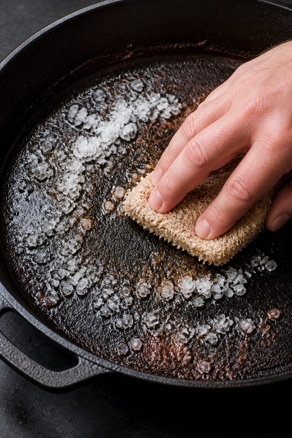 coarse salt scrubbing cast iron pan close-up