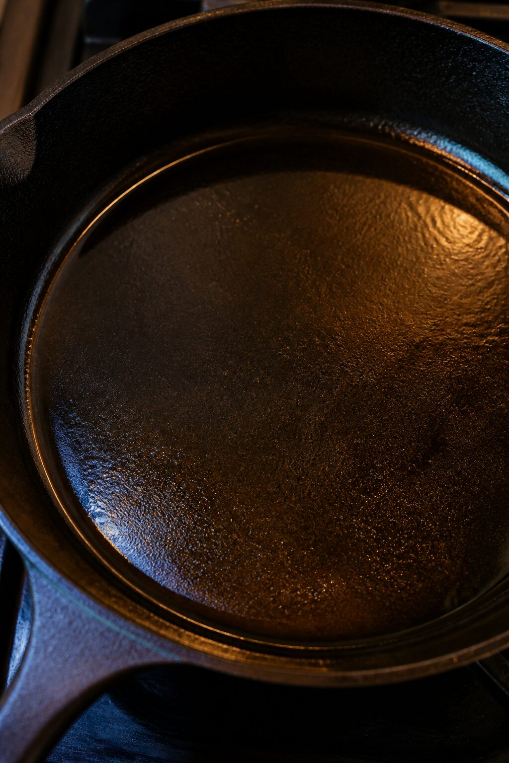 thin oil sheen on warm cast iron skillet