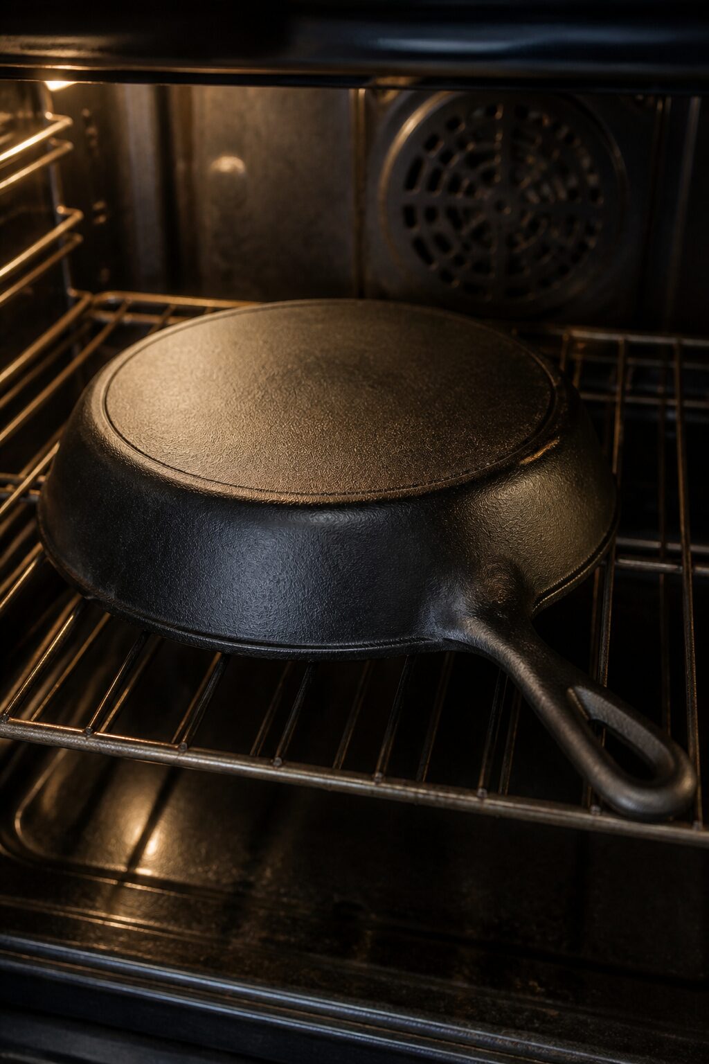 cast iron pan inverted on oven rack