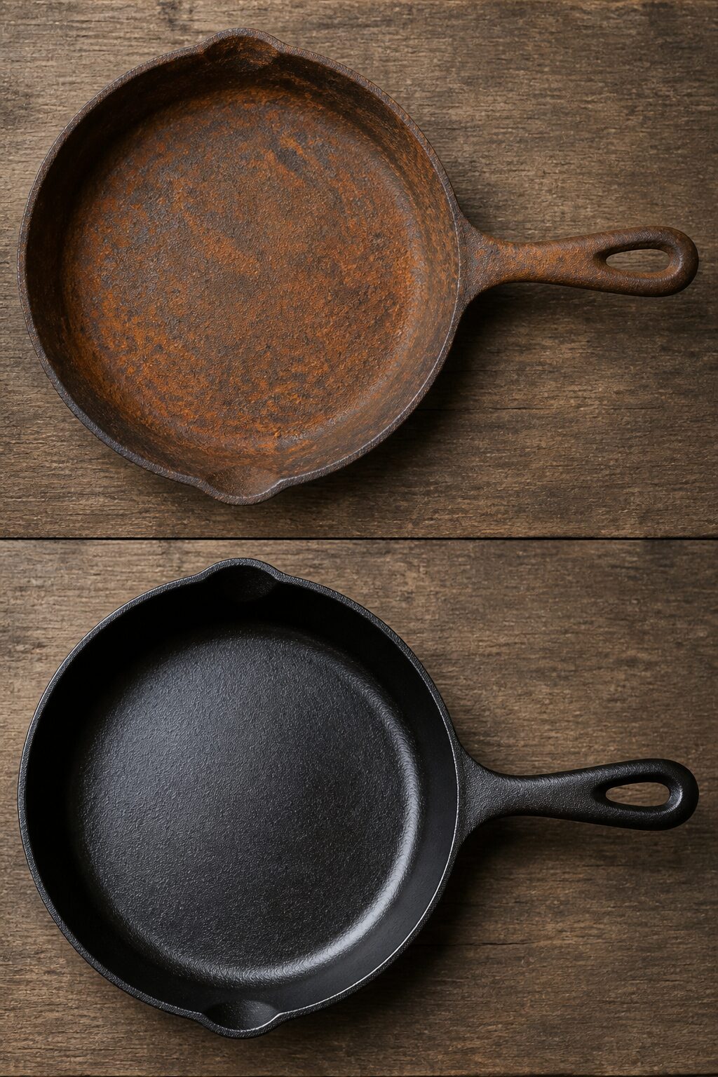rusty skillet before-and-after seasoning comparison
