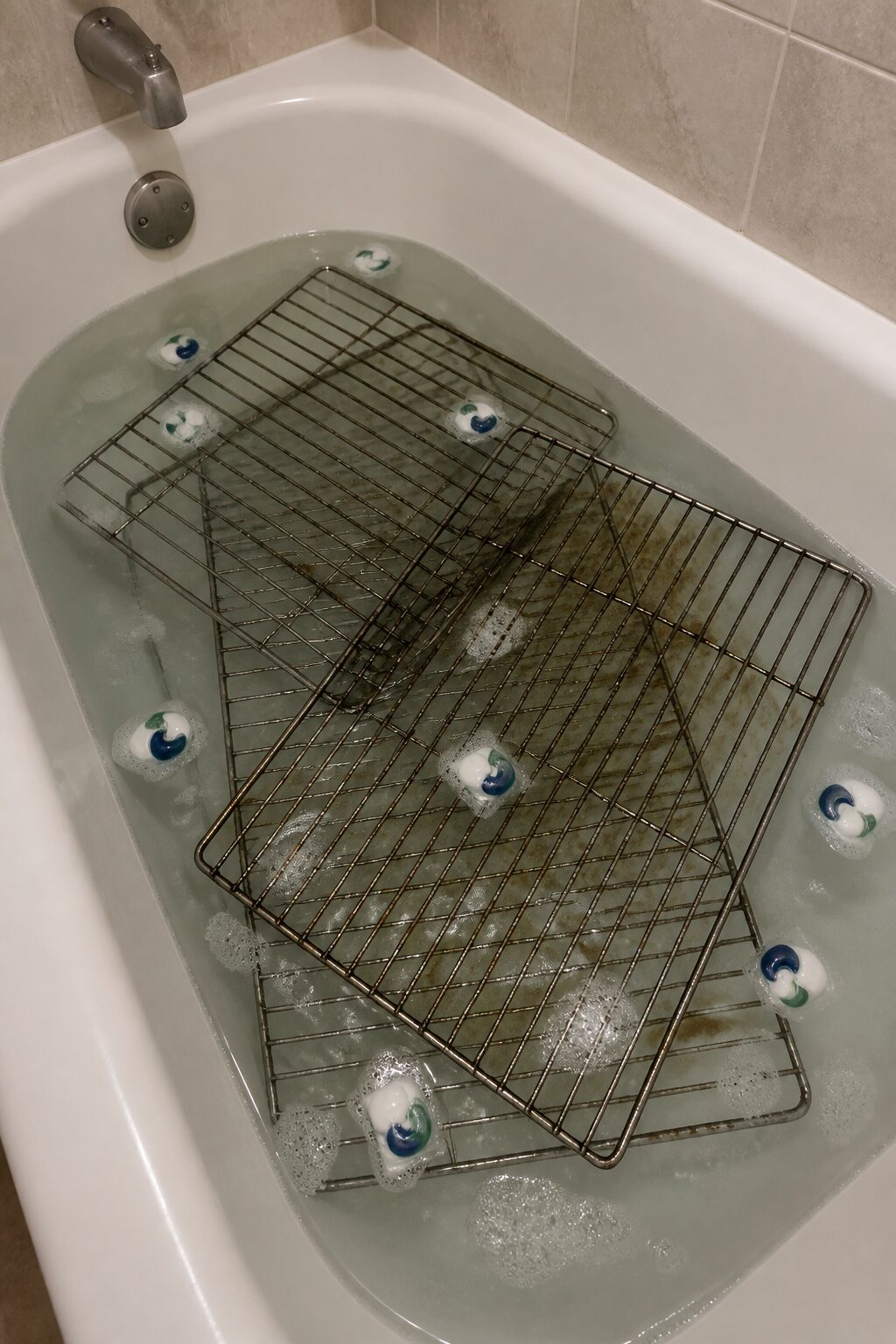 Oven racks soaking in bathtub with dishwasher pods
