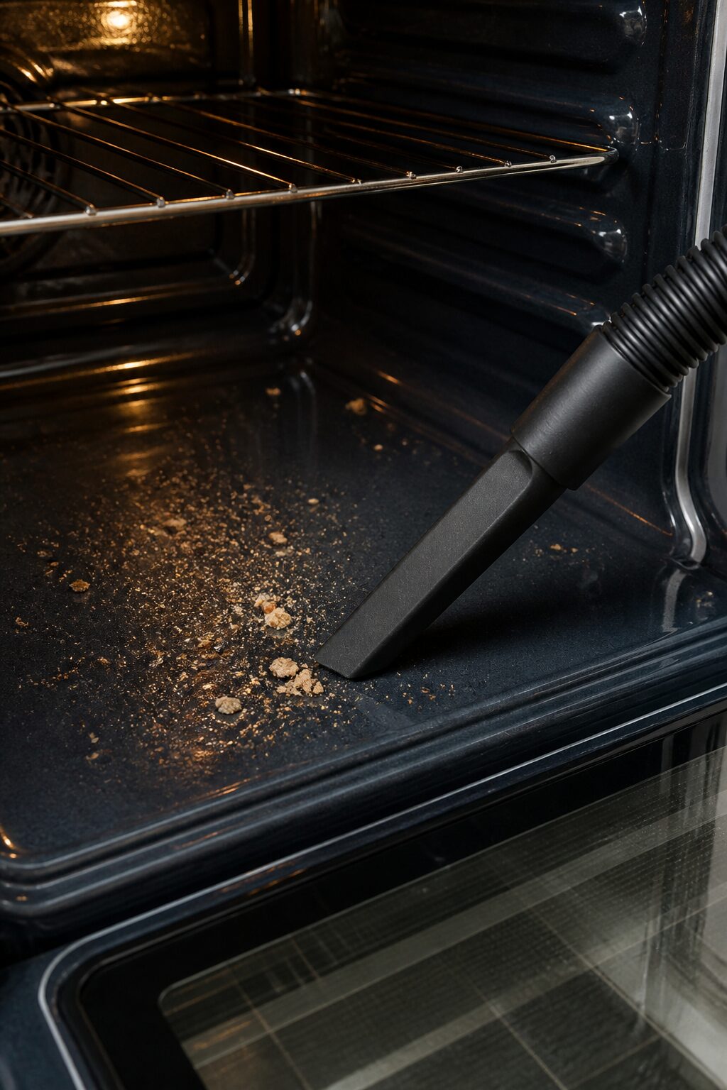Vacuum nozzle removing crumbs from open oven floor