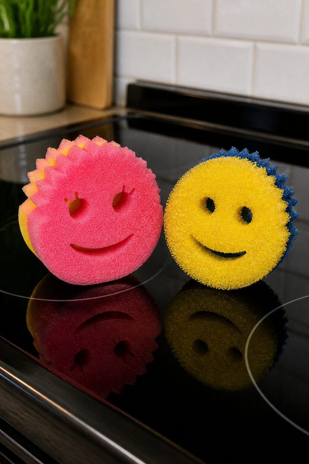 Scrub Mommy sponge and Scour Daddy on stovetop