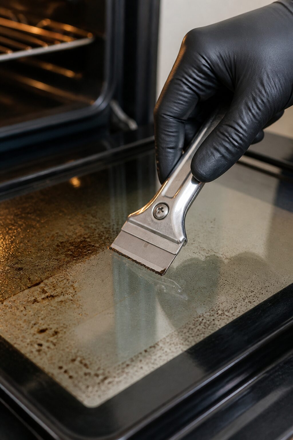 Razor blade scraper cleaning oven glass close-up