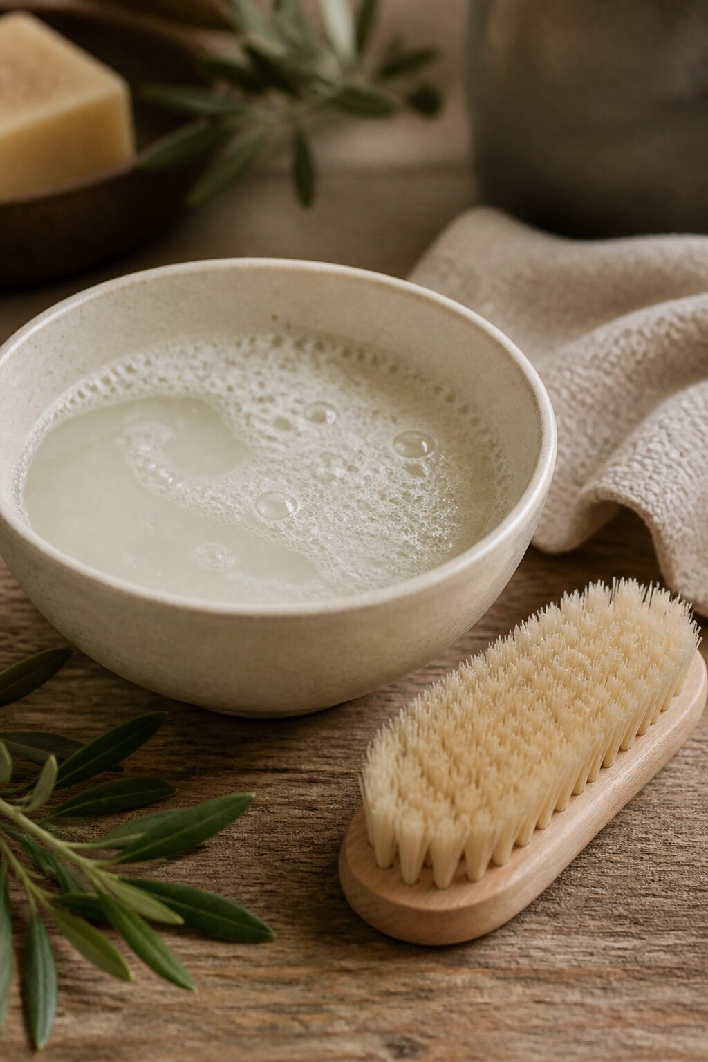 natural soap solution in bowl beside soft-bristle brush