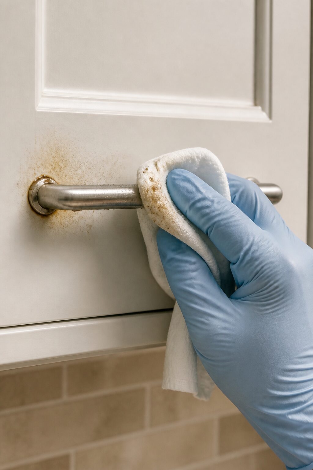 gloved hand cleaning cabinet handle, greasy residue visible