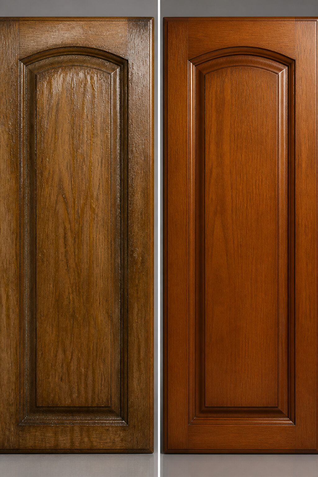 wood cabinet door before-and-after grease removal, studio lighting