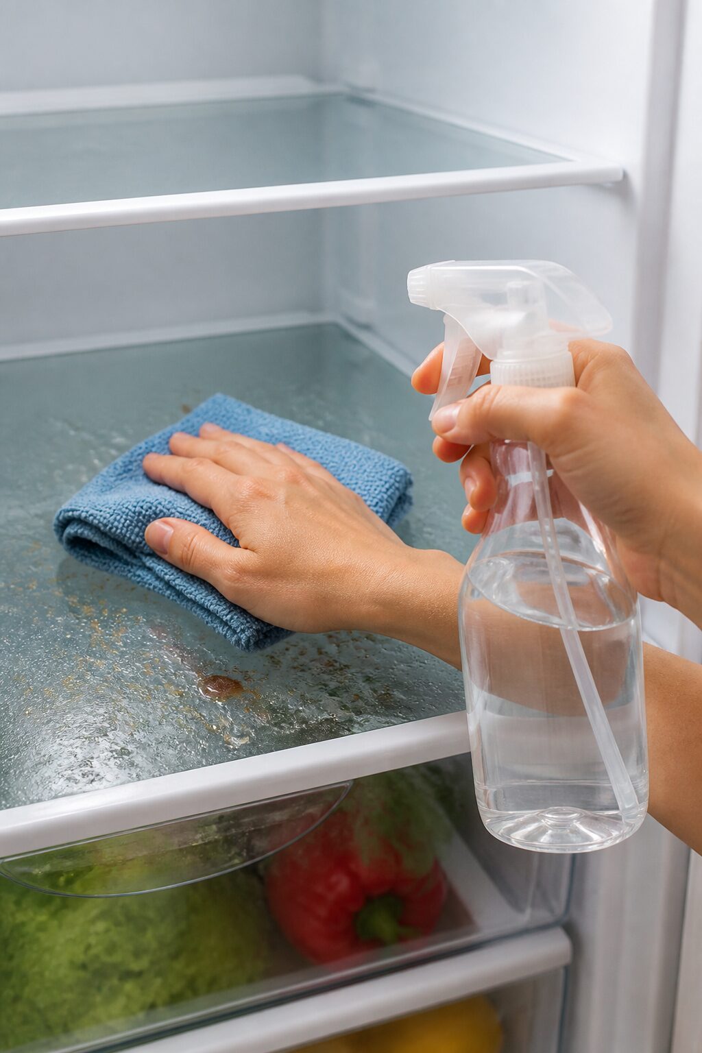 Microfiber towel wiping sticky fridge shelf, vinegar spray bottle