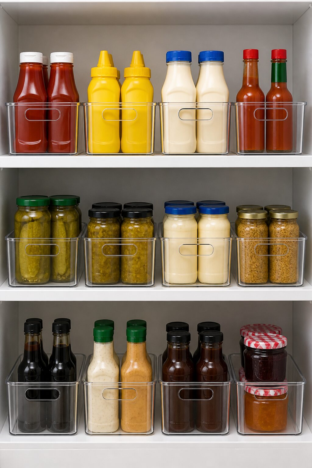 Labeled clear bins organizing condiments, front-facing arrangement