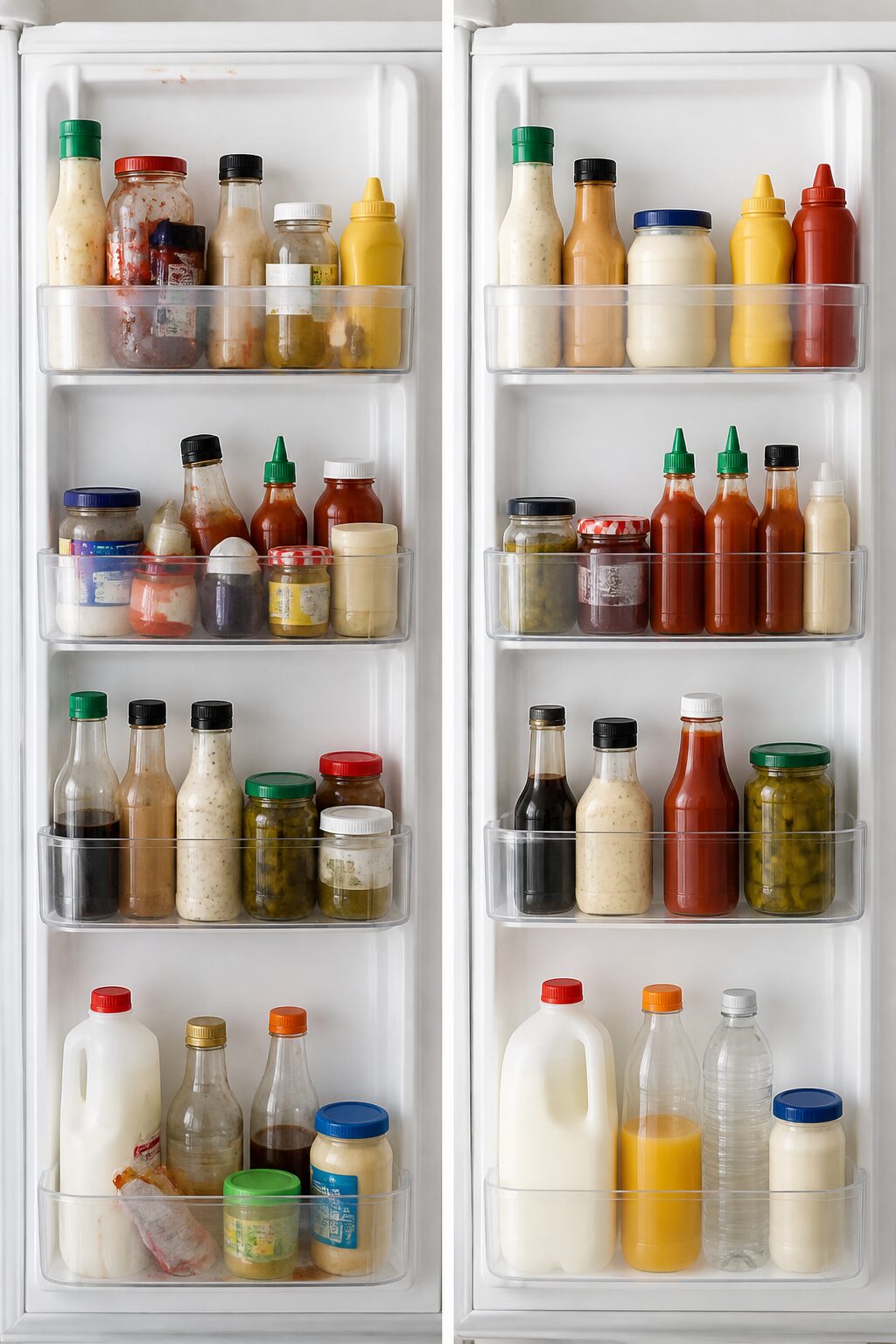 Before-and-after fridge door shelves, grouped items, clean surfaces