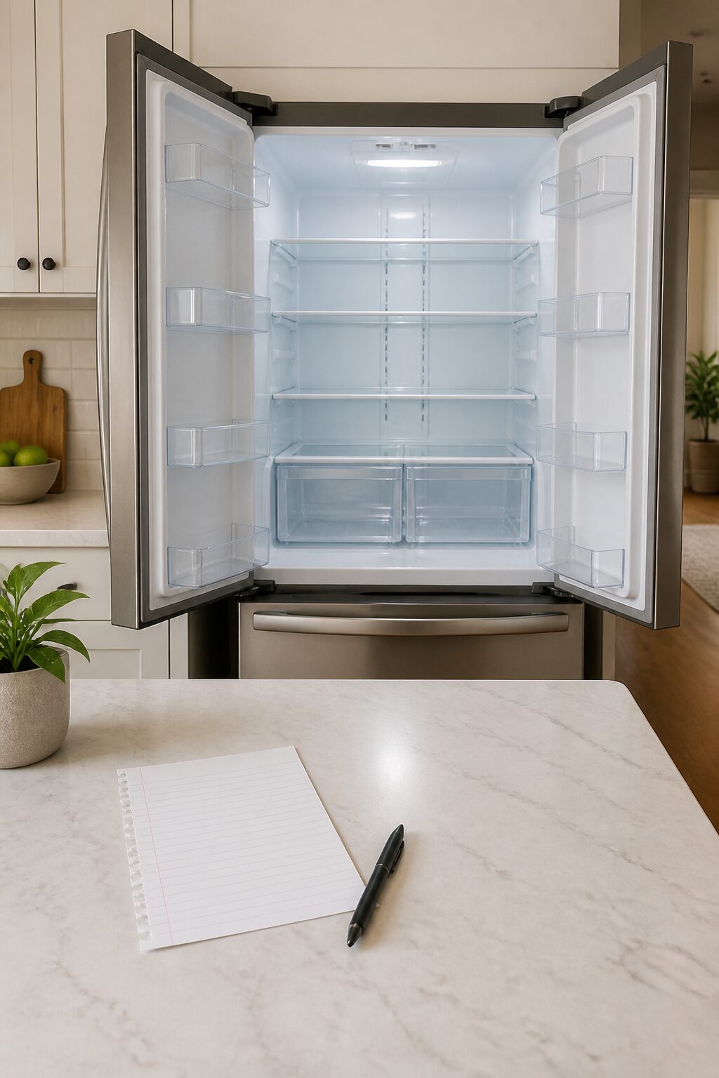 Grocery list on counter, empty clean fridge awaiting restock